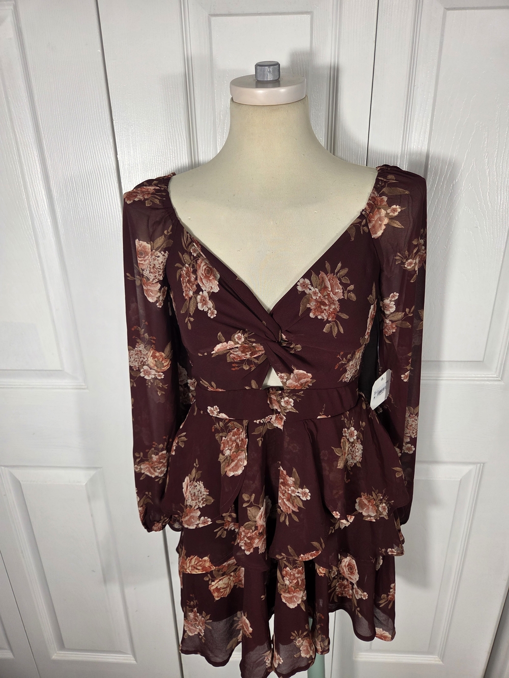 NWT Altar'd State Sienny Floral Cutout Mini Dress Burgundy Long Sleeve Medium